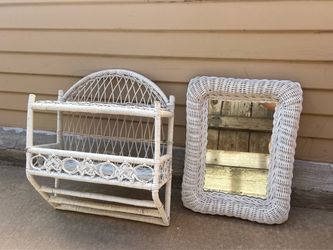 White Wicker Wall Shelf and Mirror Set