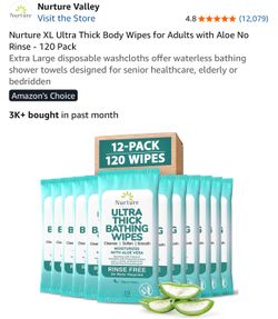 Nurture XL Ultra Thick Body Wipes for Adults with Aloe No Rinse - 120 Pack Extra Large disposable washcloths offer waterless bathing shower towels des