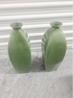 Qty 2 Green  Glaze Ceramic Flower Vase Leaf 15.5”X 4 “ Contemporary Used
