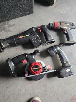 Coleman Powermate 18V cordless circular saw, 18V cordless flashlight, 18V cordless drill and 18V Saw