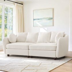 90” Ivory Chenille Sofa – Modern Couch with Throw Pillows