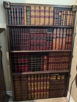 Full Book Pair Of Library Panels, High-Quality Full Leather Book Bindings With Walnut In Case Trim