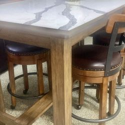 Today DINING SET; Bar Height Quartz TABLE & 4 Swivel Padded BARSTOOL CHAIRS. All Like New! REDUCED Furniture 