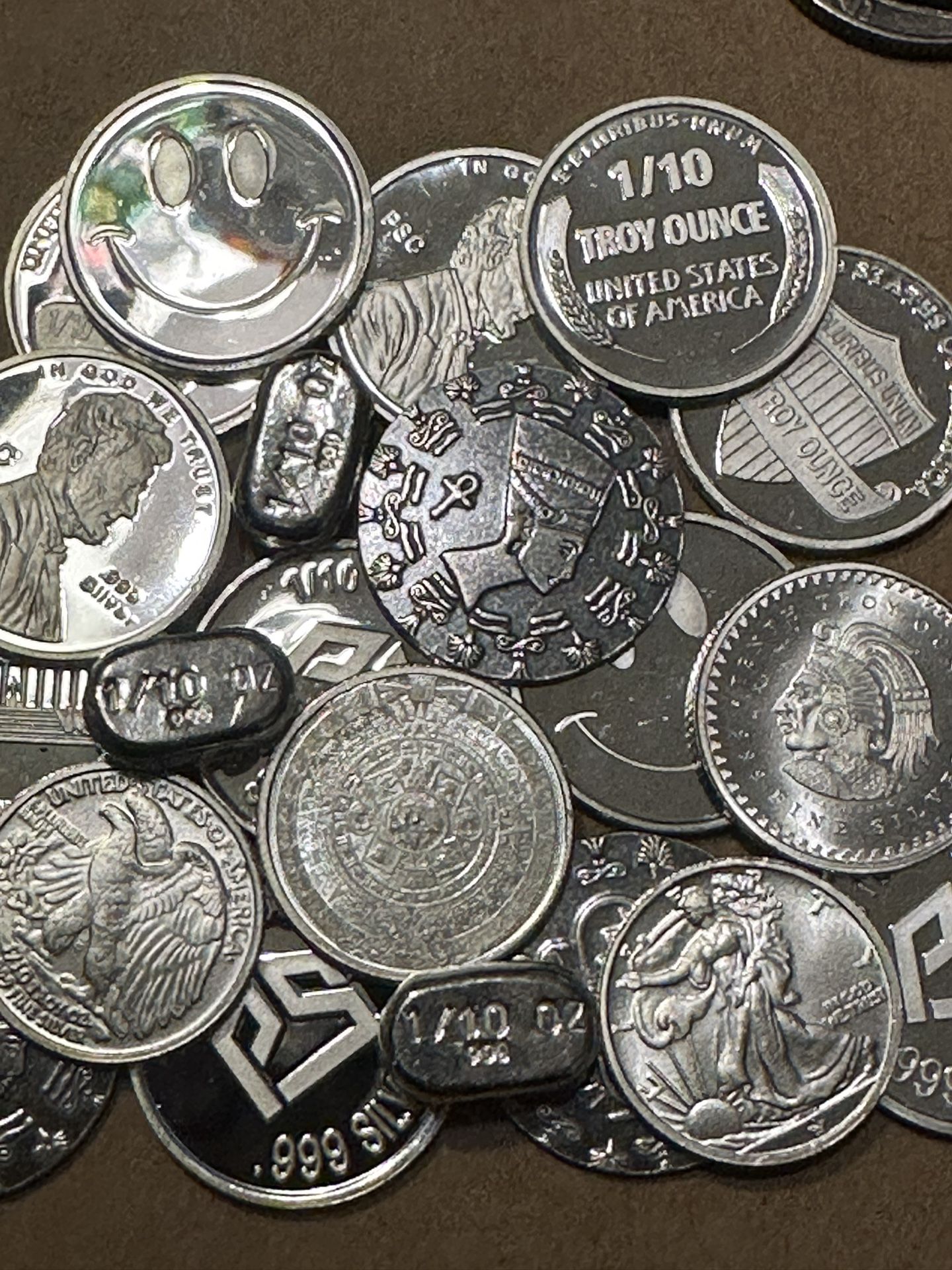 10 Piece Lot Of Assorted 1/10 Ounce .999 Silver Bars And Rounds