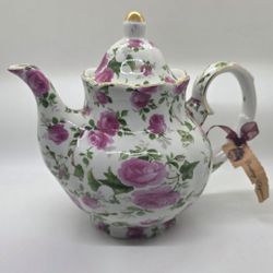 Victoria's Garden Pink Rose Floral Teapot with Gold Trim