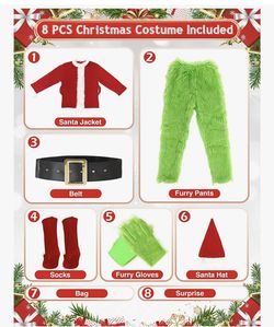 ADOMI Christmas Costume for Men in Green Furry Monster. It's an 8-piece guy Deluxe Adult Santa Suit Xmas Outfit Set
