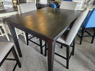 BRAND NEW BLACK COUNTER HIGH DINING TABLE (42×42"×36"H) + 4 GRAY LINEN CHAIRS