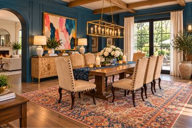 Set of 8 Elegant Upholstered Dining Chairs – Nailhead Trim & Wood