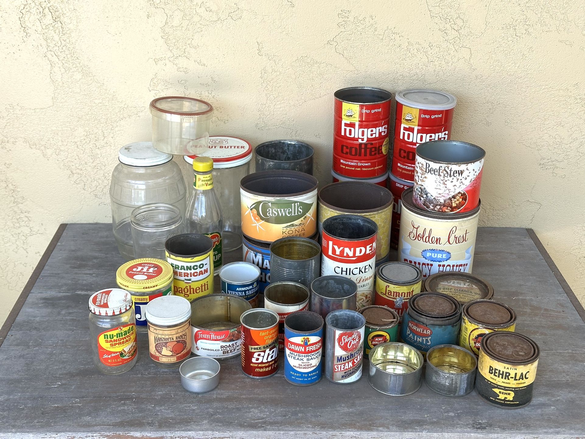 Vintage Lot Of Tin Cans and Glass Jars