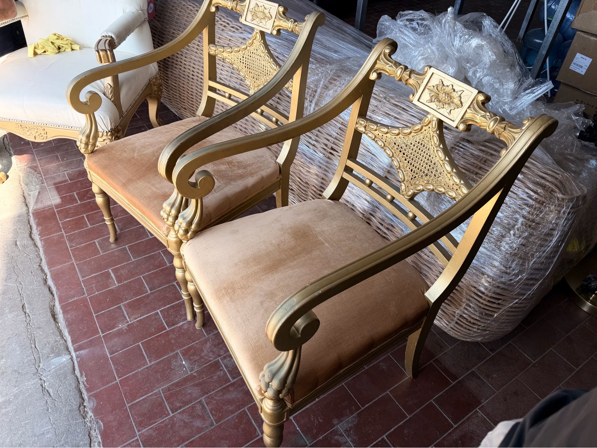 Pair of Ornate Gold Chairs with Velvet Seats