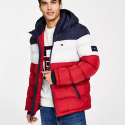 Tommy Hilfiger Men's Big and Tall Hooded Puffer Jacket, Midnight/White/Red, 4X K