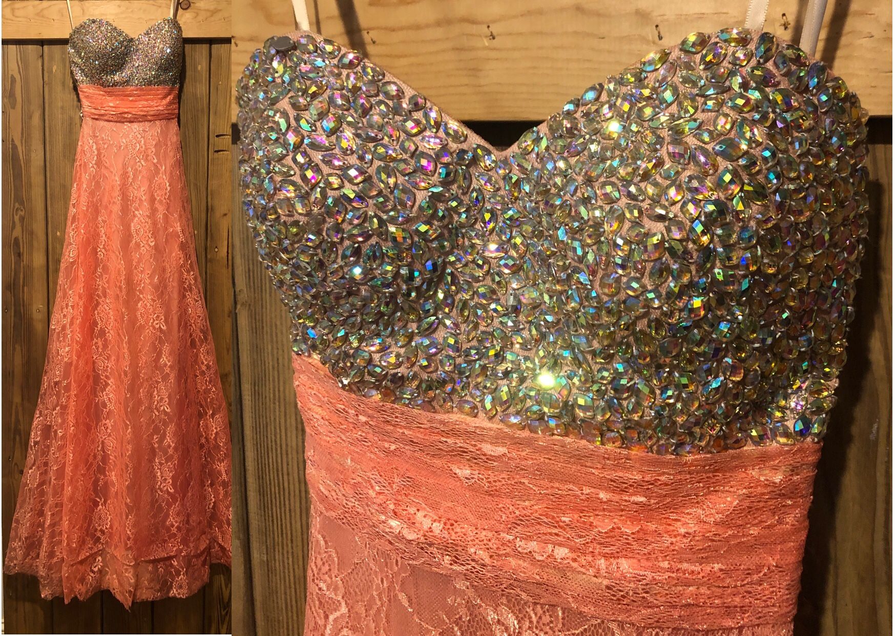 Salmon lace jeweled bust strapless empire waist, A-line formal evening gown, 00