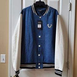 True Religion Men's Quad Buddha Denim Varsity Jacket Size L NWT 