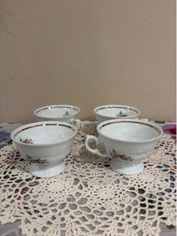 Set of 4 Vintage Royal Kent Collection Poland Teacups & Saucers - Bavarian Rose Pattern - Embossed Porcelain with Gold Trim
