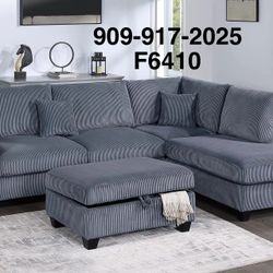GREY CORDUROY SECTIONAL WITH STORAGE OTTOMAN 