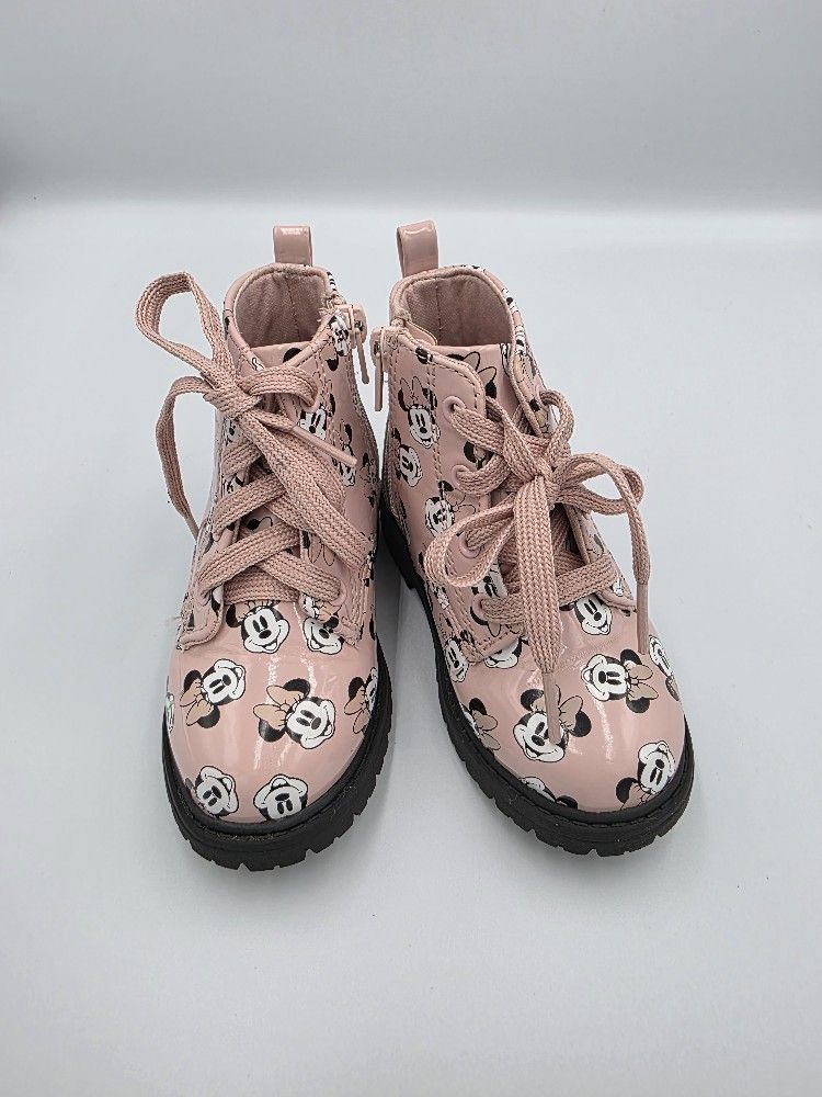 Disney Junior Minnie Mouse Combat Ankle Zip Laces Boots Girls Pink Black Size 6