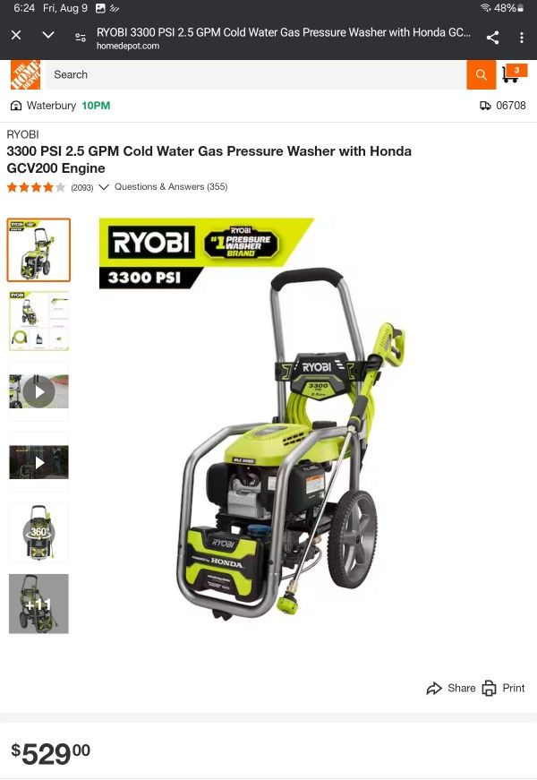 3300 PSI 2.5 GPM Cold Water Gas Pressure Washer with Honda GCV200 Engine
