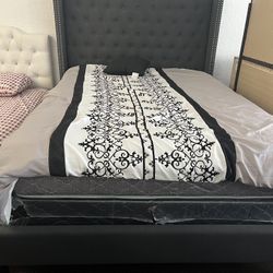 Queen Bed Gray With Mattress 