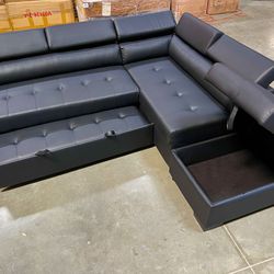 New! Faux Leather Black Sectional Sofa Bed With Storage Ottoman, Sofabed, Sofa Bed, Sectional Sofa, Black Sectional, Sectional Couch, Sofa