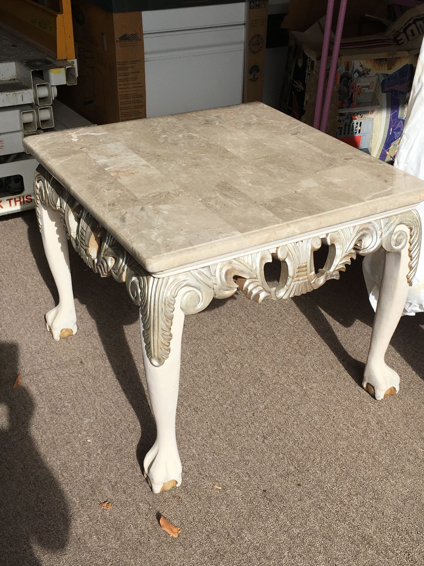 Beige Marble Top Carved Wood End Accent Table