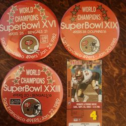 3 pc set S.F.49ers Superbowl 16,19 &23 button pins+ Ticket Stub 92202vs Redskins