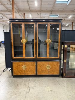 Vintage Century Furniture 'Chin Hua' Burl Wood & Black Lacquer Lighted China Hutch
