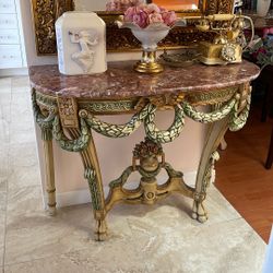 Vtg. Marble Top Console Table Carved 31.5”tall
