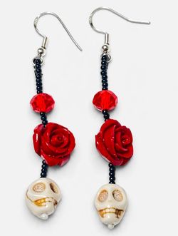 Handmade Gothic Rose & Skull Dangle Earrings Sterling Silver Hooks
