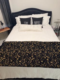Black queen Upholstered Bed Frame with Nailhead Trim