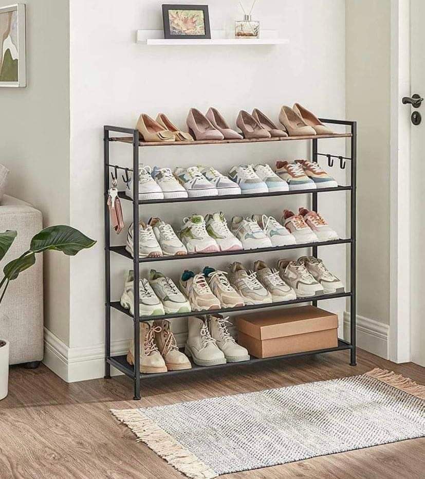 Metal Shoe Rack Storage Organizer 5 Tier Shelf, 4 Hooks, Adjustable Feet