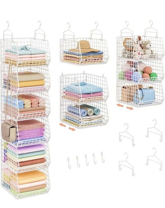 6 Tier Extended Depth Hanging Closet Organizer, Closet Storage Hanging Shelves with Hanging Hooks for Clothes Sweaters Towels Handbags, Stackable Meta