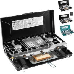 FineFlame Camping Stove, 3 Burners Propane Portable Camp Stove with Regulator, Push-Button Instant Ignition, Adjustable Burners & Wind Guards for Car 