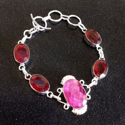 Sterling silver pink rainbow topaz and garnet 8" bracelet new