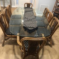Glass Dining Table With 8 Chairs - Tropical Bamboo/Ratan