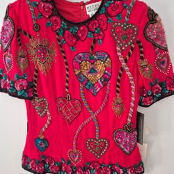 Vintage 1994 Red/Multi Silk Niteline Beaded Shirt
