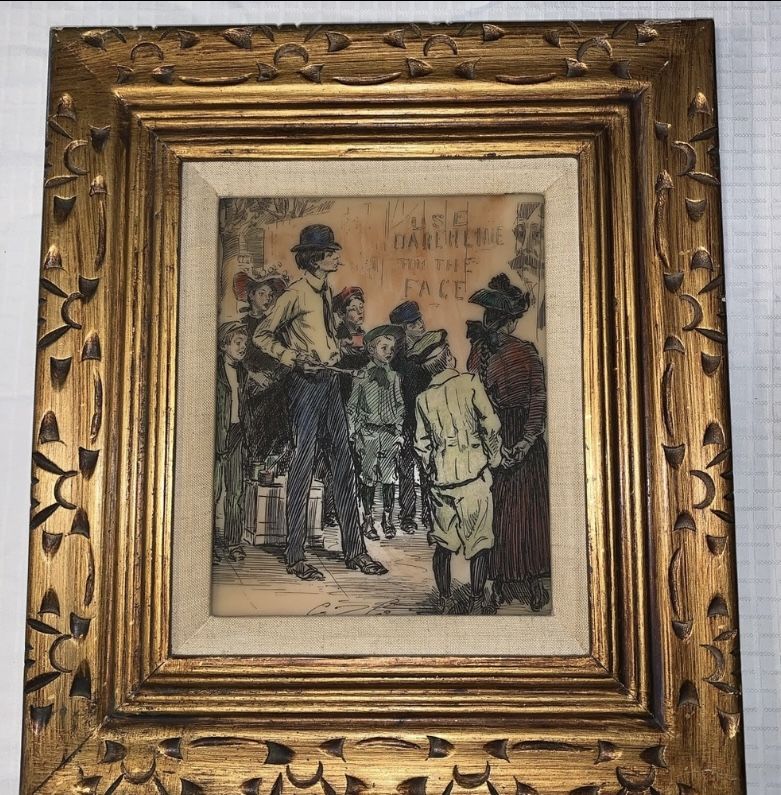Vintage Hand painted Etched Engraved Signed Art Victorian Street scene very good condition nice Gold wood frame, measures 15 inches x 17 inches and h