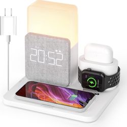 Wireless Charging Station, 7 in 1 Charging Station, Alarm Clock with Wireless Charger, Night Light