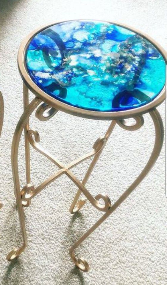 side table thick glass alcohol inked resined end table plant table stand
