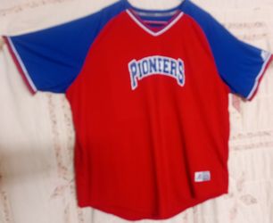 Unisex Red white & blue Zane Trace Pioneers coach Russell v neck shirt 2XL