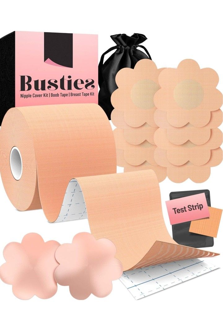 Boob Tape Kit (12 pcs), Easy to Use (Universal Fit), 1 Pack Boobytape for Breast Lift, Bob Tape for Large Breasts, Bra Nipple Tape with Petals and Cov