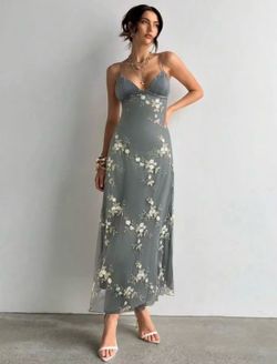 Sage Green Floral Embroidered Maxi Slip Dress S size