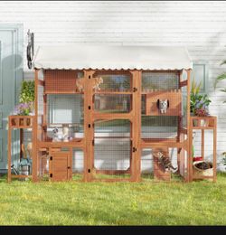 Large Outdoor Cat Enclosure Wooden Catio with 2 Plant Stands, Multi-Level Cat Playpen with Weather-Resistant Roof, Resting Box, Climbing Ramps & Wire