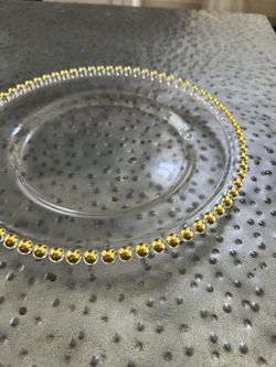 12 Large Dinner Serving Plate Clear Glass Gold Bead Dinnerware Event Birthday Dining Wedding Shower Entertain Host Plates Christmas Holiday