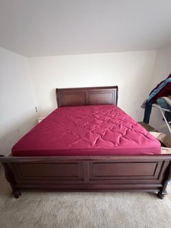 King Size Bed Frame + Mattress – Solid Wood Sleigh Bed – $375 OBO