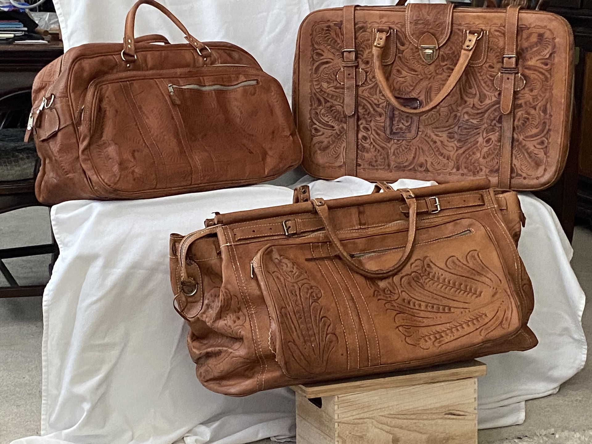 Hand Tooled Leather Luggage, 4pcset W/free Attache/laptop