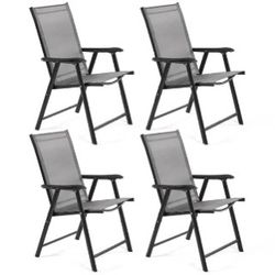 Set of 4 Outdoor Texteline Folding Dining Chairs with Backrest/ Armrests, All Weather Chairs for Garden/ Lawn/ Porch/ Backyard Pool