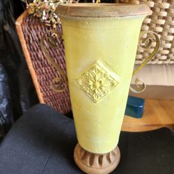Heavy Yellow Vase With Metal Handles 