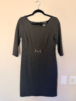 White House, Black Market Gray Bodycon Dress with Silver Buckle Detail