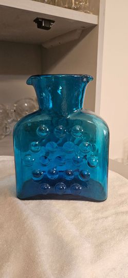 Blue Art Glass Vase with Bubble Texture