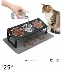 Elevated Cat Bowls with Food Mat, ShineMe 15°Tilted Anti Vomiting Raised Cat Food and Water Bowls, 3 Stainless Steel Pet Dishes with Non-Slip Stand fo